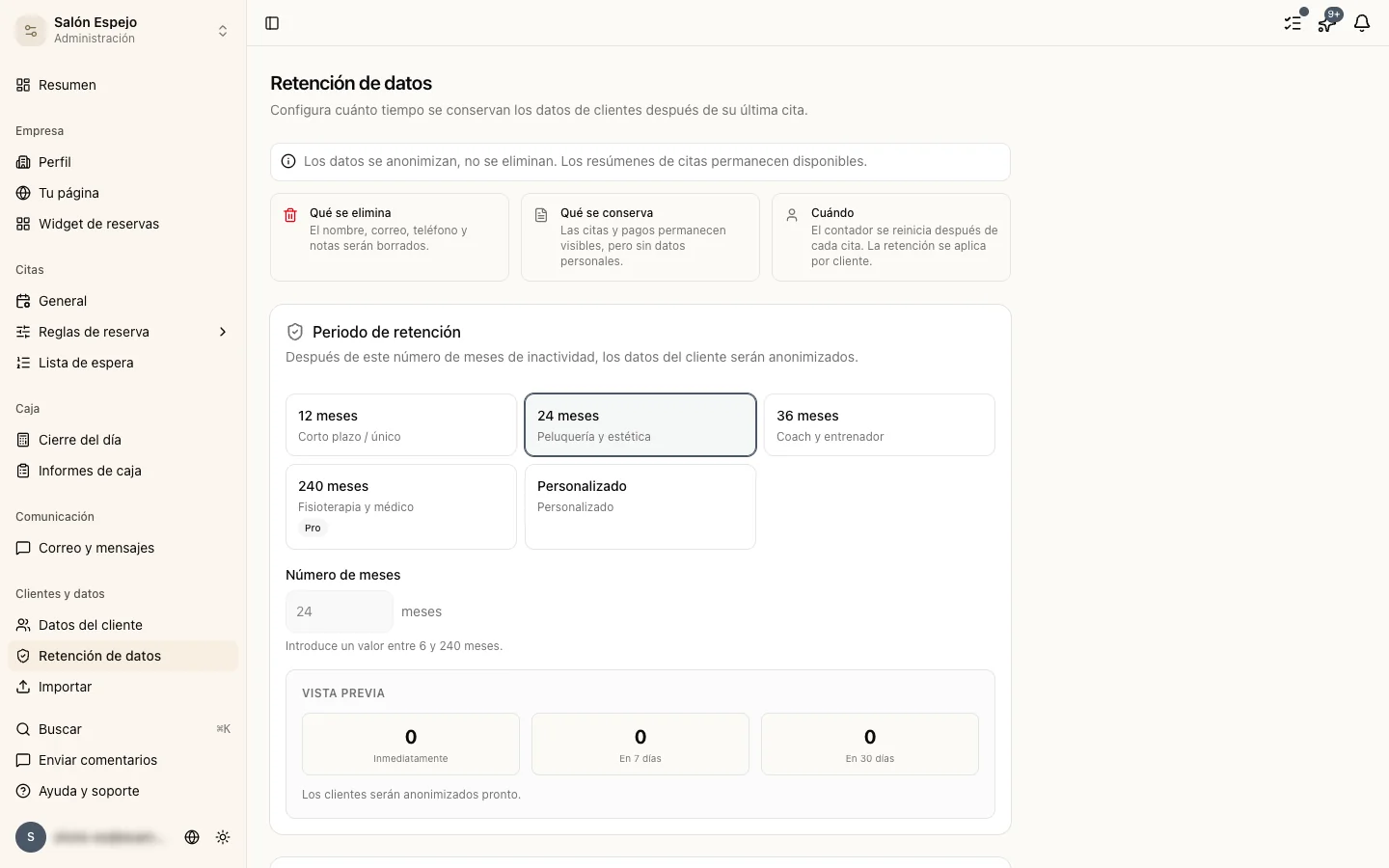 El ajuste de retención de datos en los ajustes generales