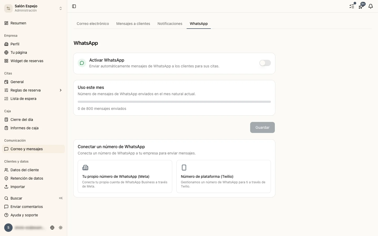 La página de ajustes de WhatsApp