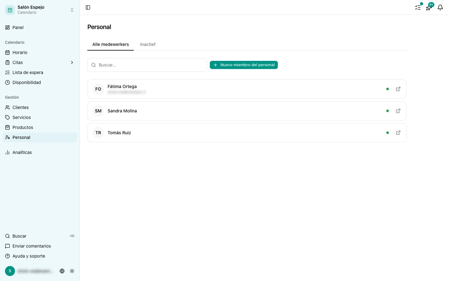 La lista de personal con el botón de añadir una persona nueva