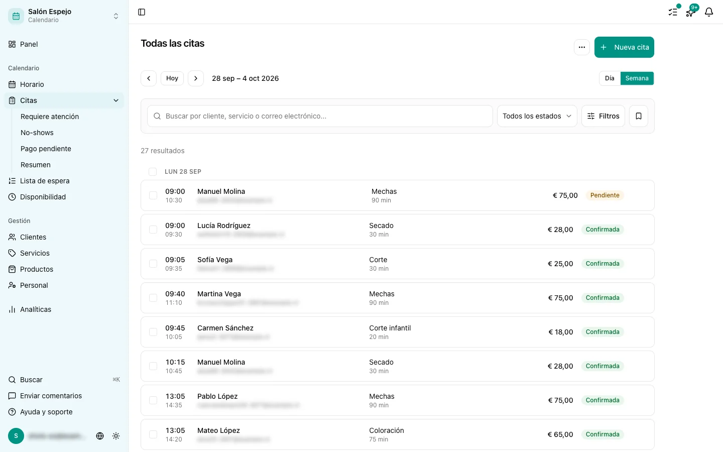 La lista de citas con la barra de filtros y de búsqueda