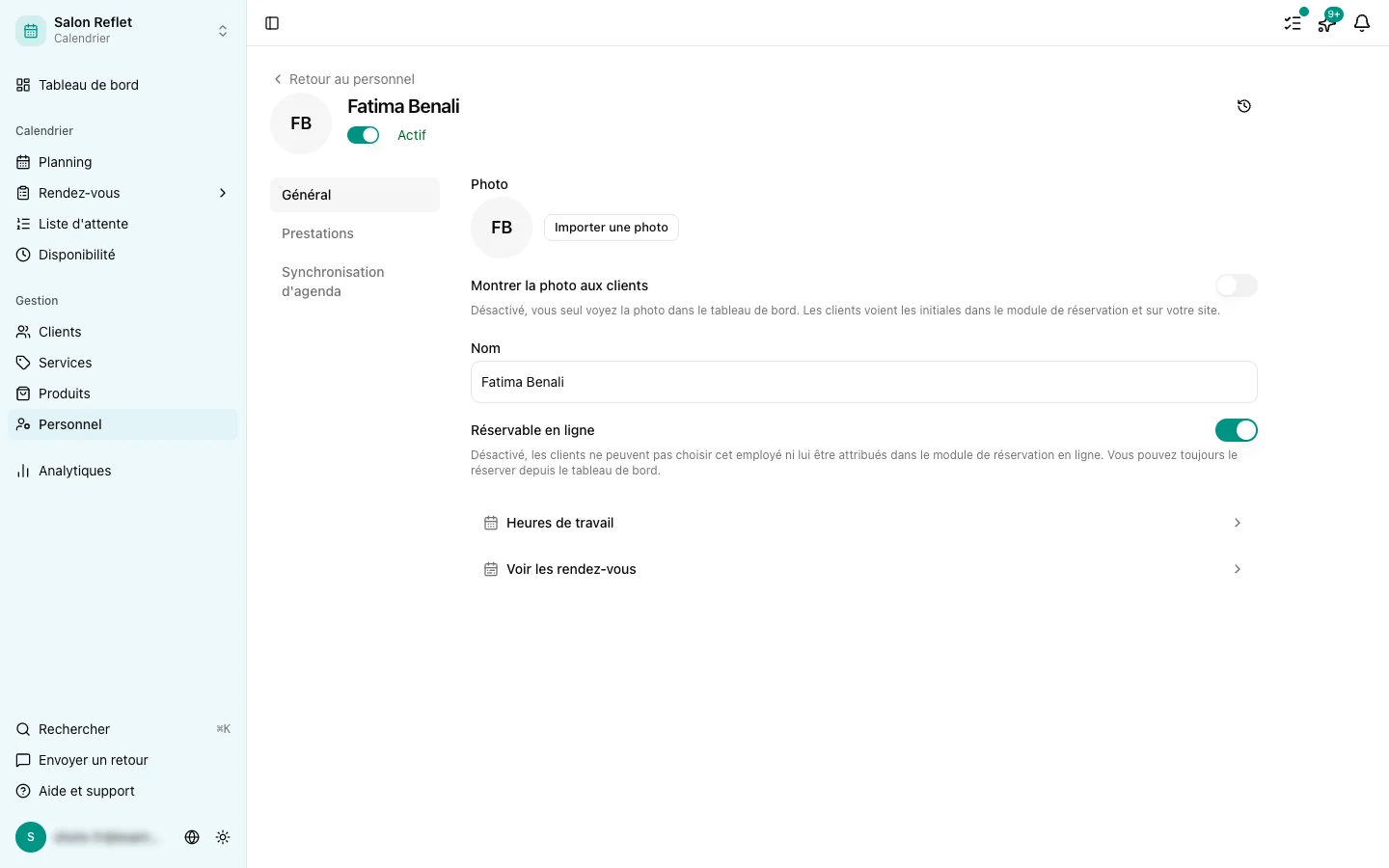 La page Disponibilité d’un membre du personnel