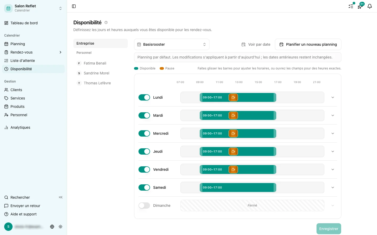Le planning de disponibilité hebdomadaire