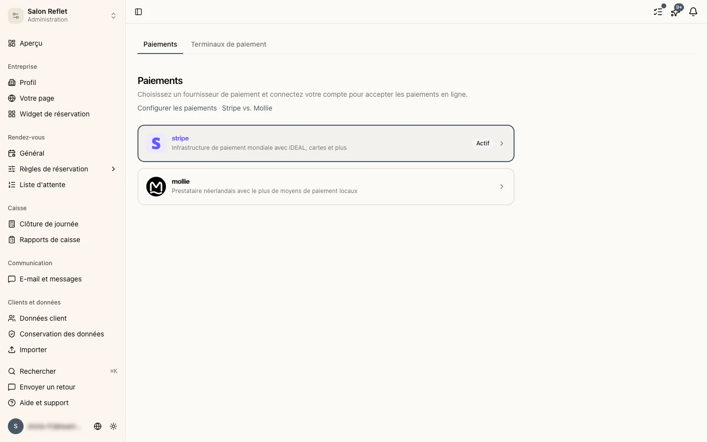 Les paramètres de paiement avec un compte Stripe relié