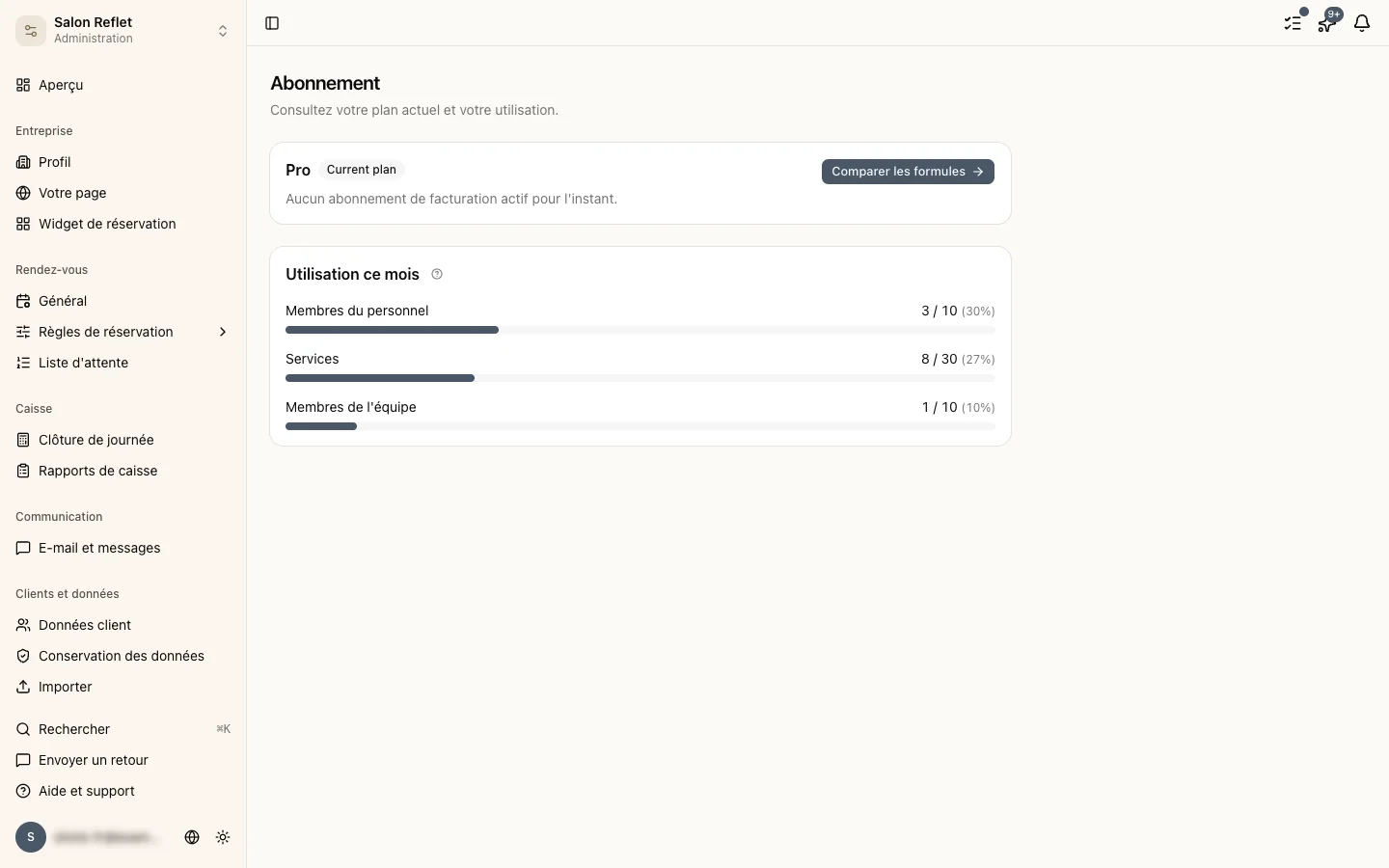 La page d’abonnement avec l’état de la période d’essai