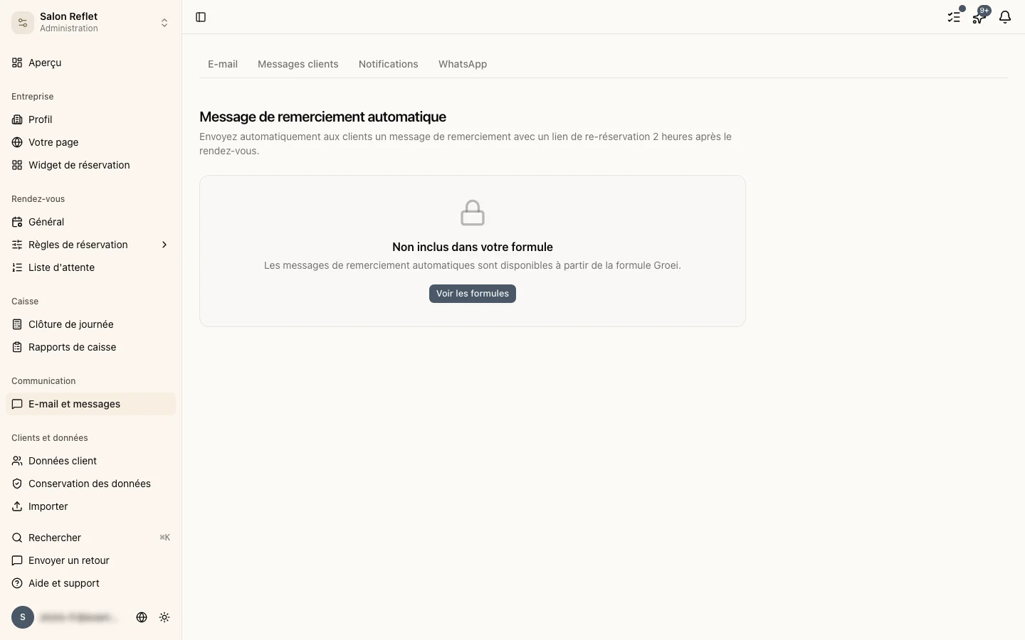 Les paramètres du message de remerciement automatique