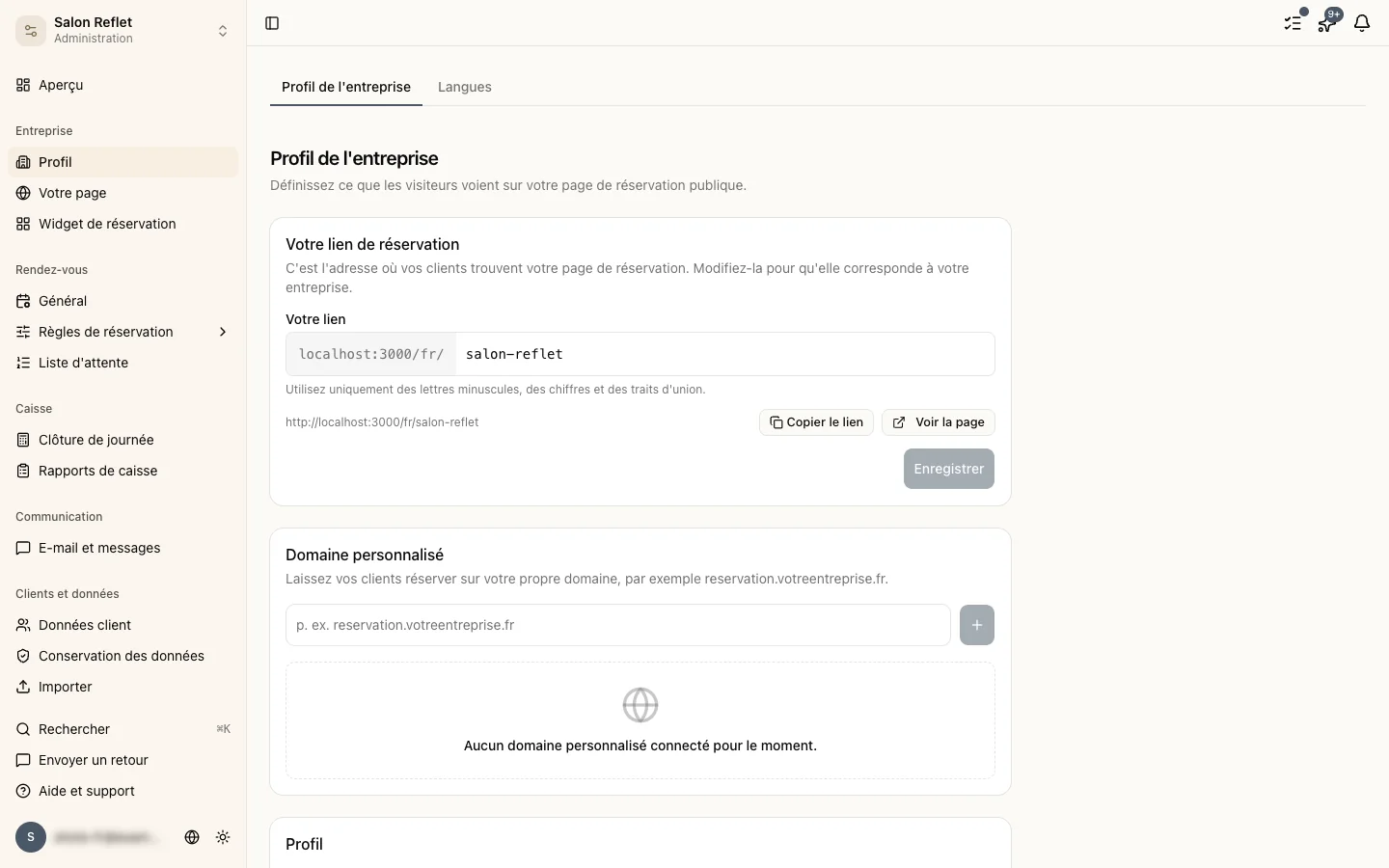 La page de paramètres du profil de l’entreprise