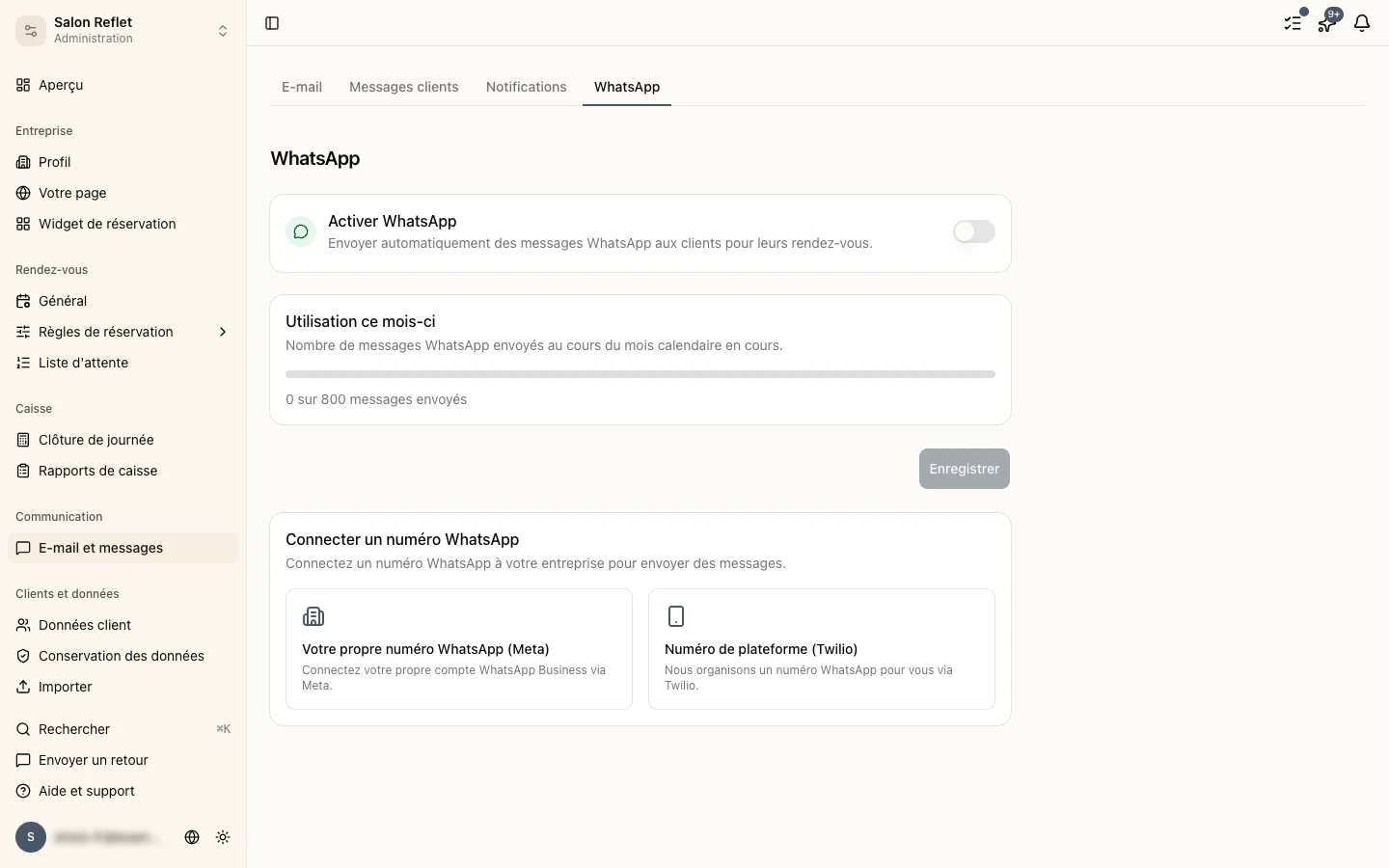 La page de paramètres WhatsApp