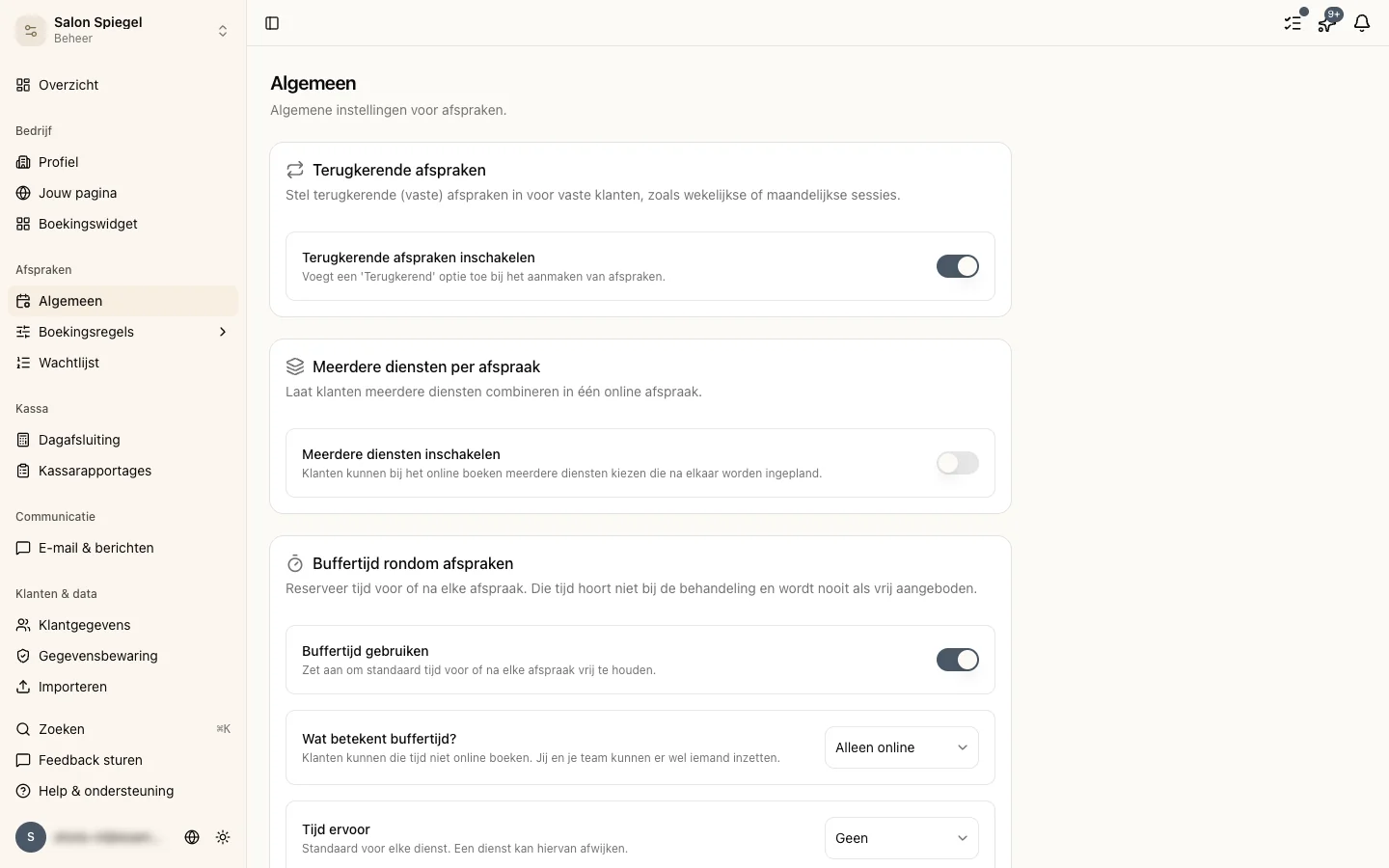 Algemene instellingen pagina