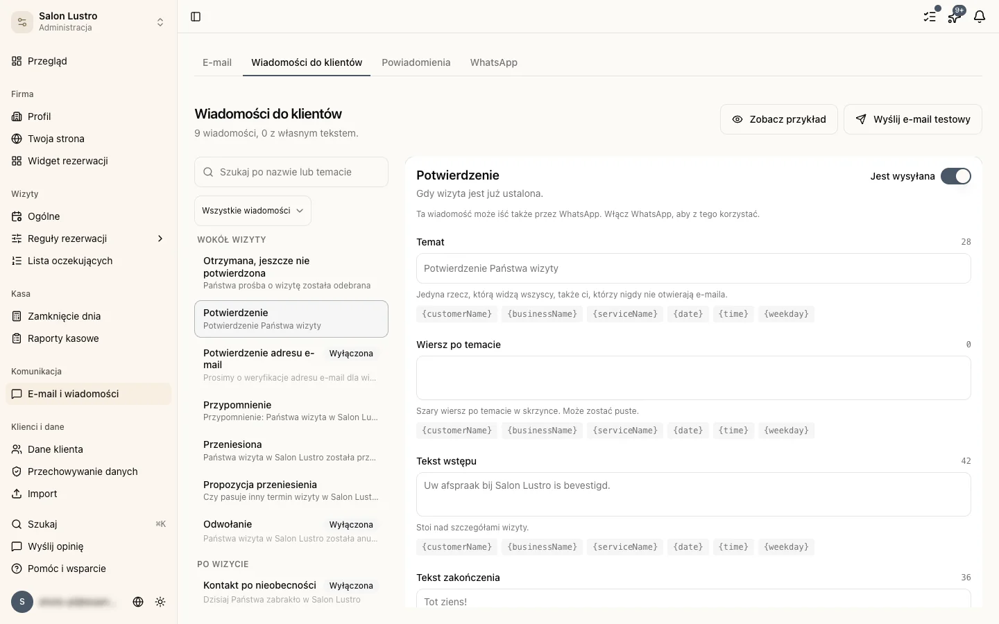 Ekran Wiadomości do klientów z otwartym e-mailem z potwierdzeniem