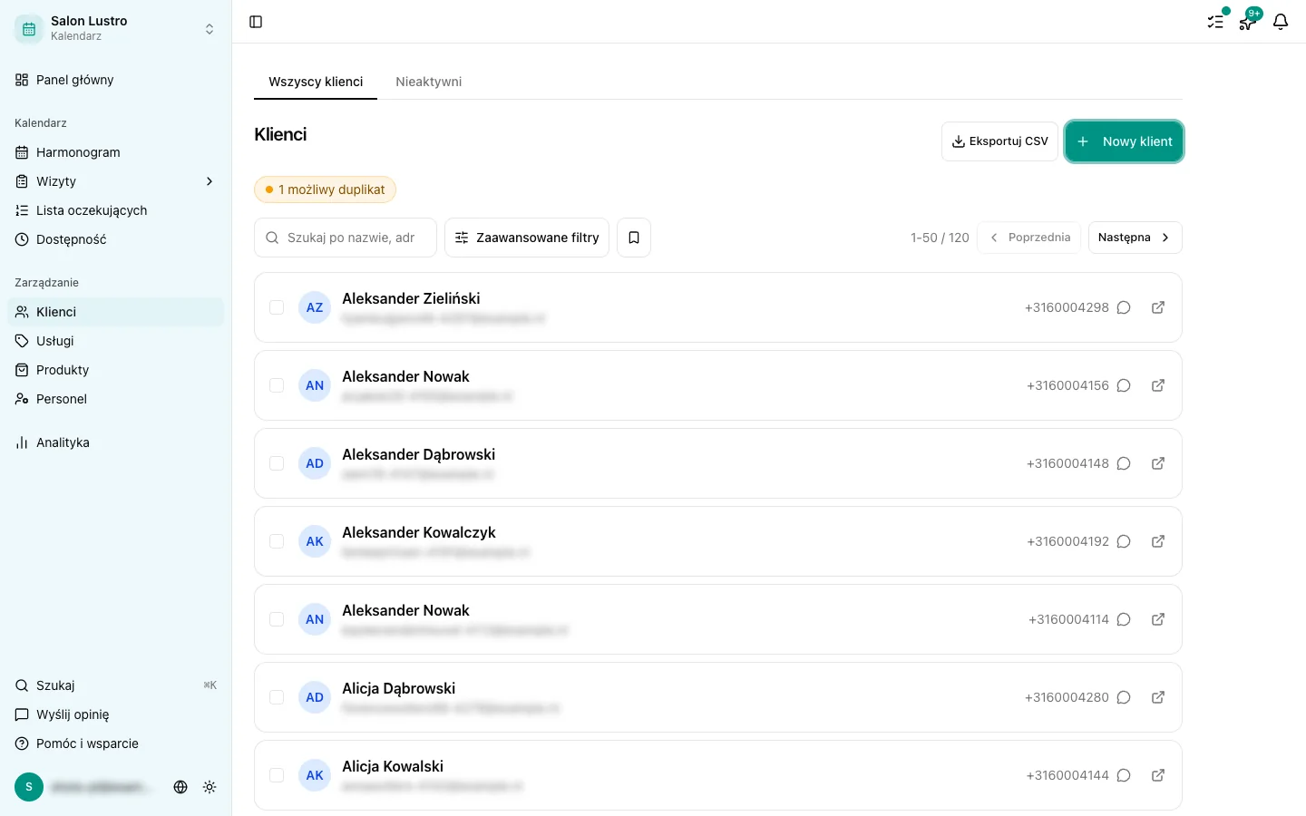 Lista klientów w panelu