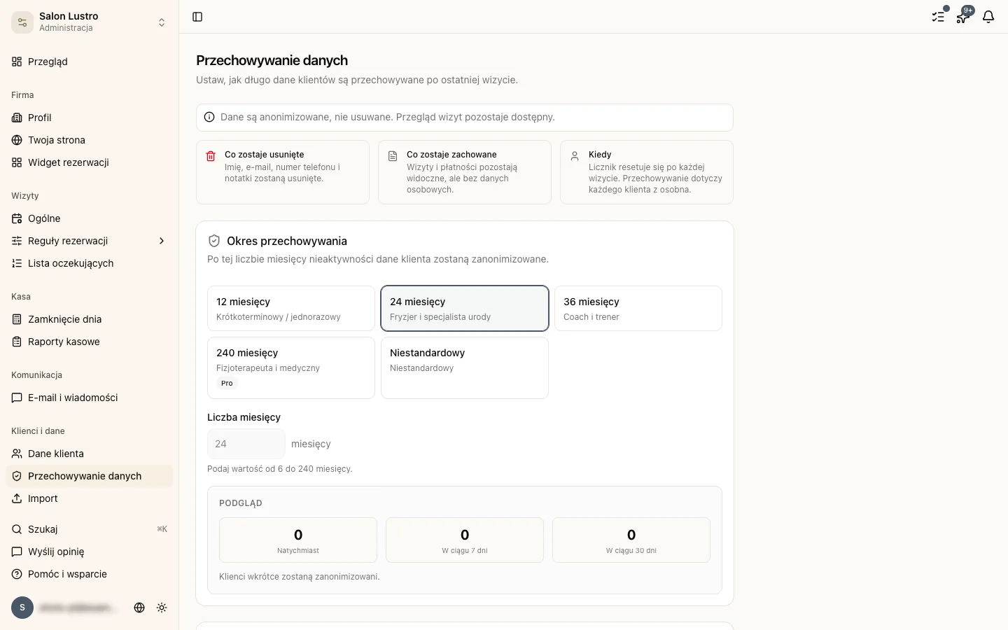 Ustawienie przechowywania danych w ustawieniach ogólnych