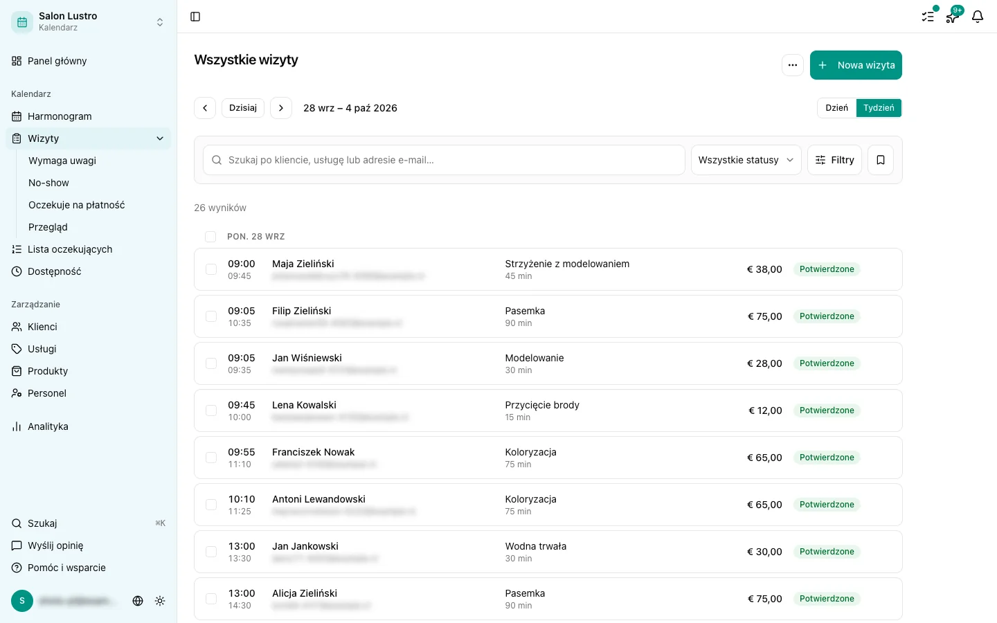 Lista wizyt z paskiem filtrów i wyszukiwania