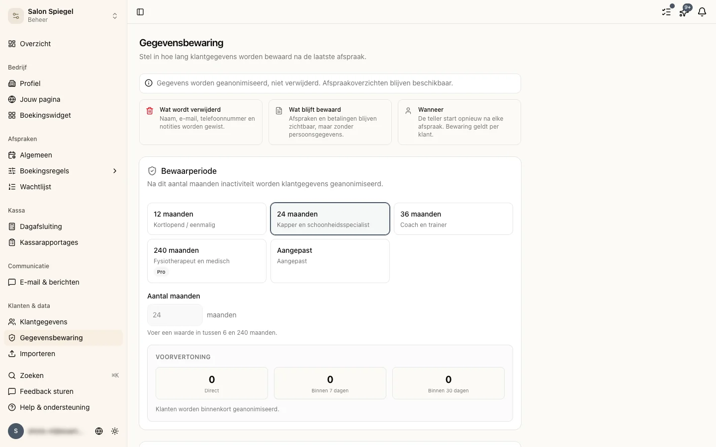 Gegevensbewaring instelling in de algemene instellingen