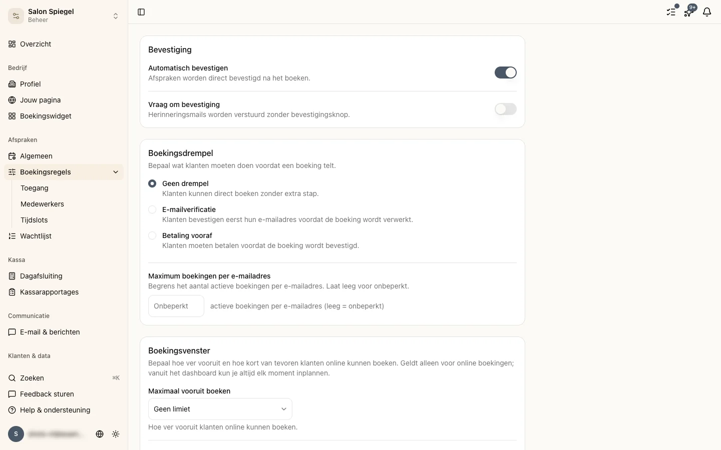 Boekingsflow instellingen met schakelaars