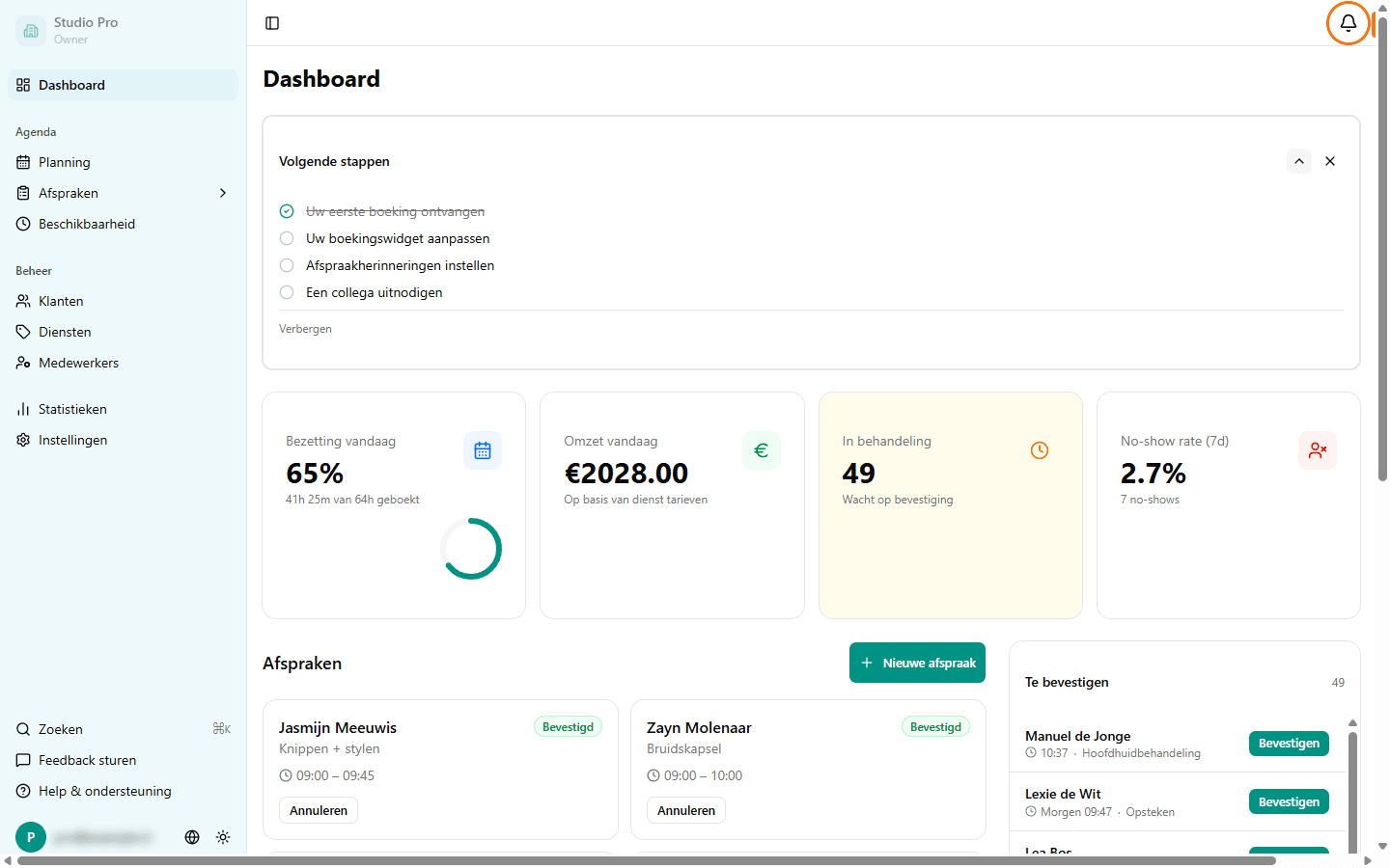 Dashboard met meldingenbel gemarkeerd