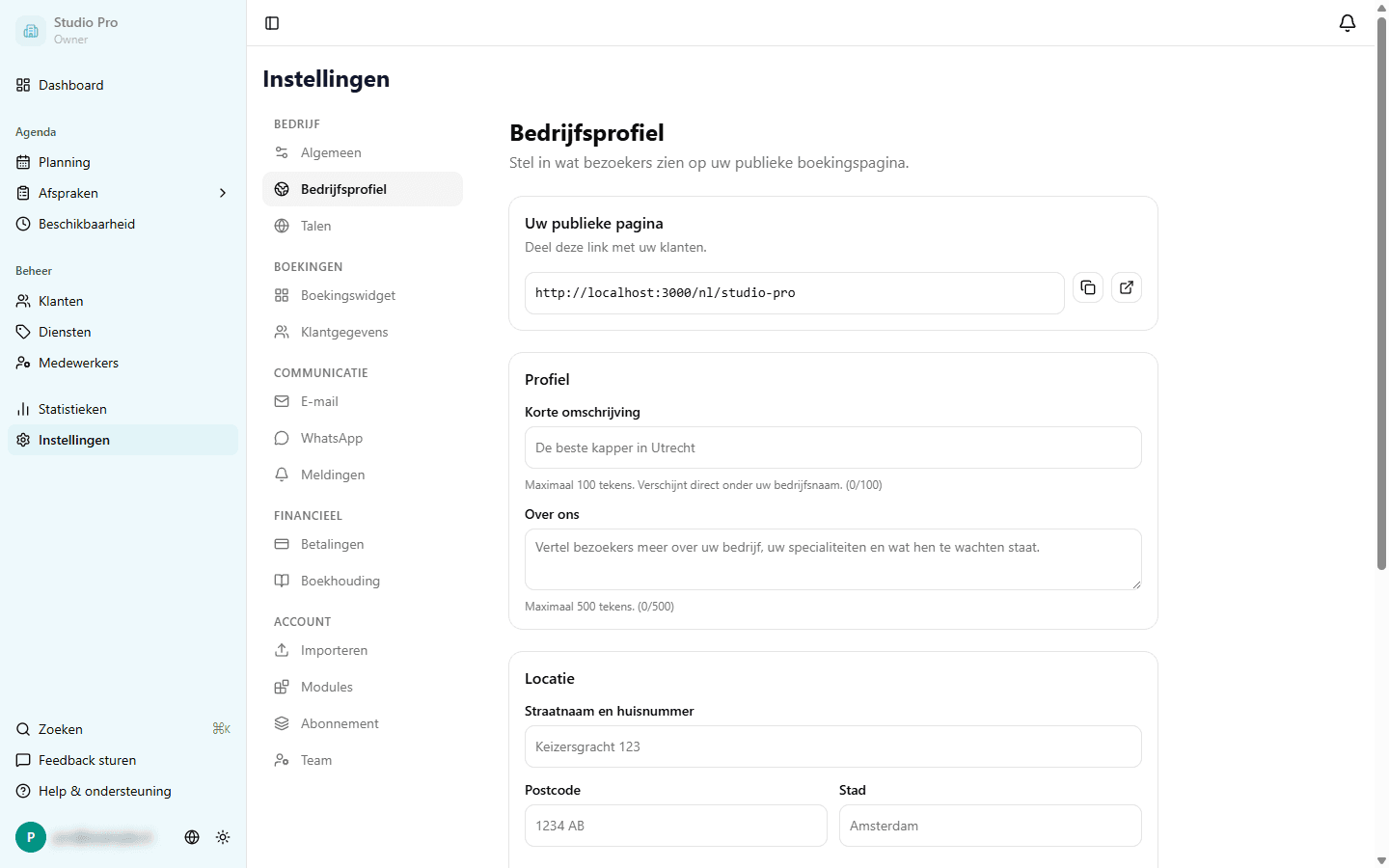 Bedrijfsprofiel instellingen pagina