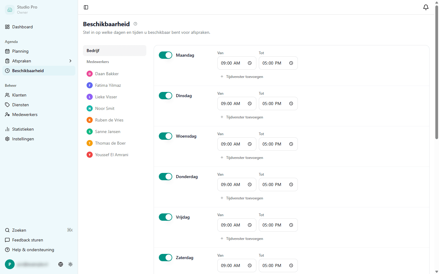 Beschikbaarheidsinstellingen pagina